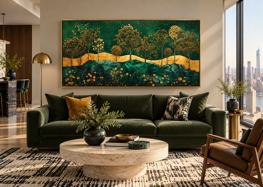 Art Nouveau emerald green and gold framed canvas print with a tree motif above a green velvet sofa.
