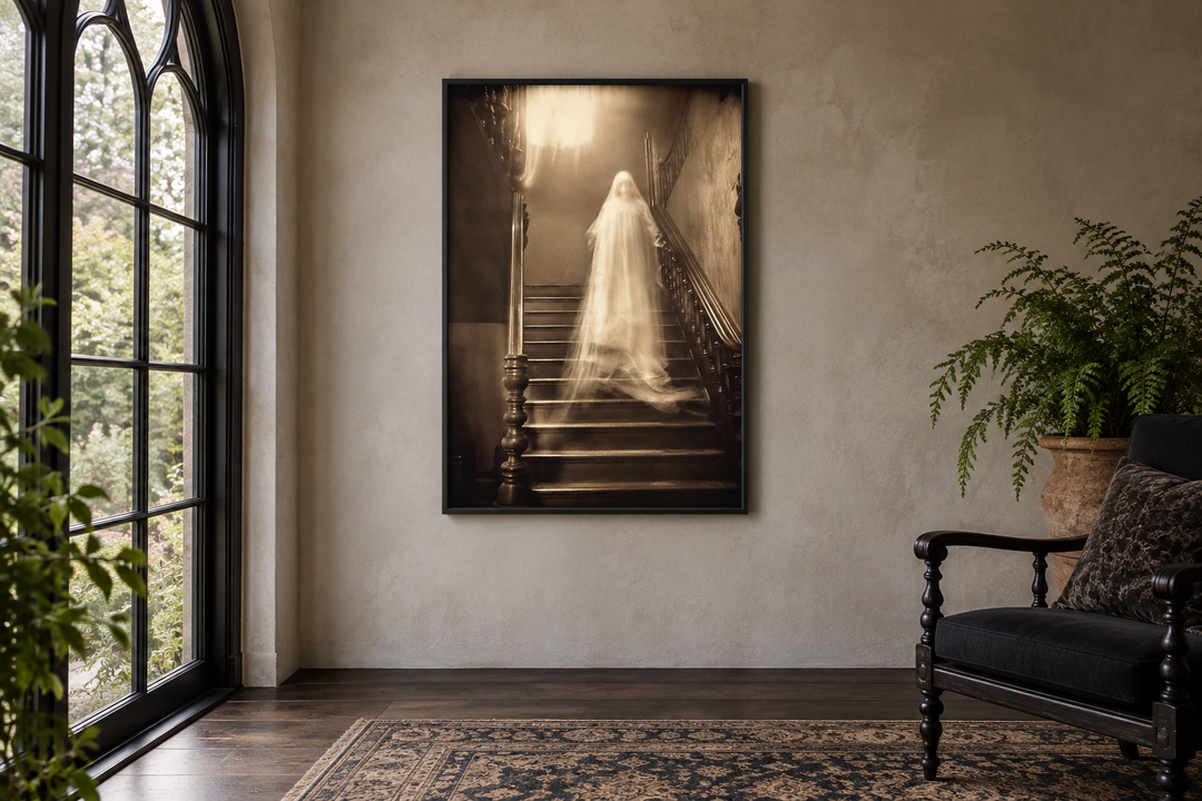 Framed canvas wall art of a ghostly figure on a staircase in a moody, gothic-style room.