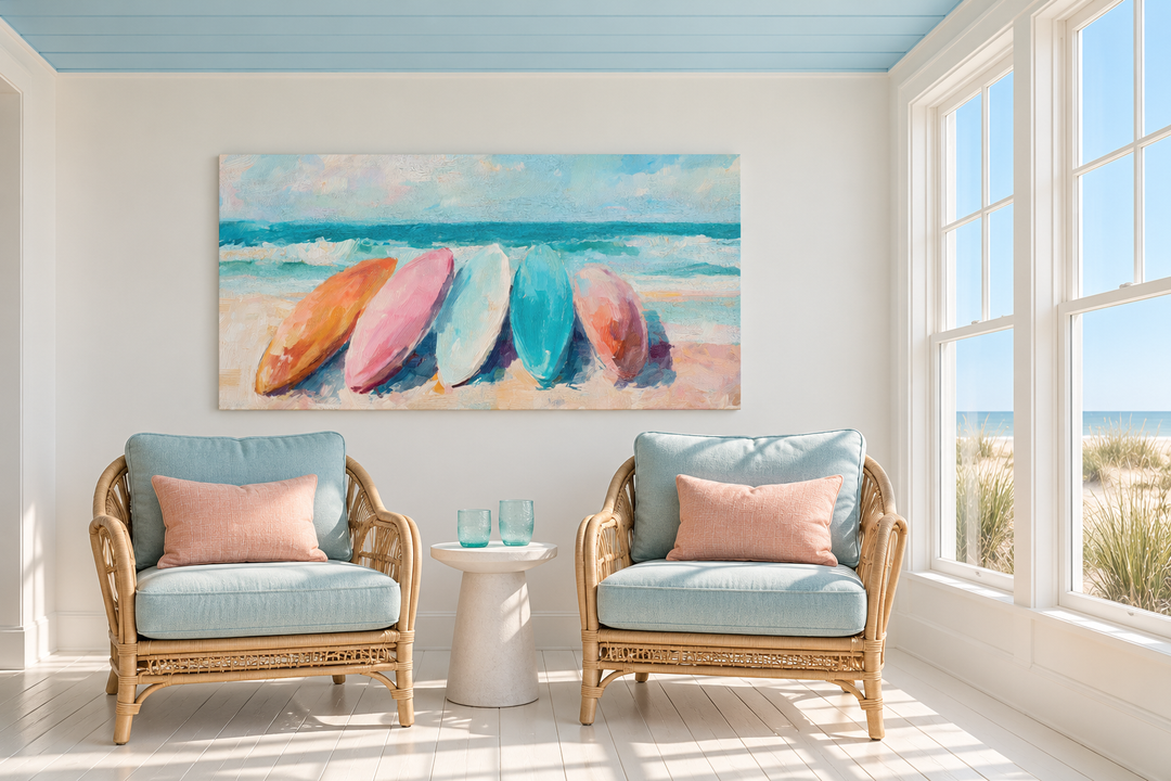 Coastal canvas wall art with pastel surfboards above two wicker chairs in a beach house sunroom.