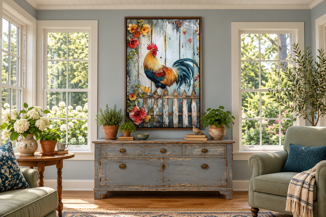 Rooster on a fence rustic farmhouse framed canvas wall art displayed in a sunroom.
