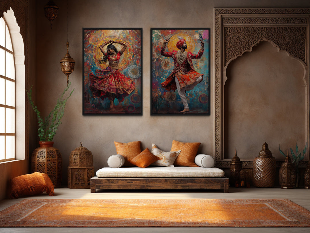 2 Piece Indian Man And Woman Dancing Framed Canvas Wall Art in an Indian living room with a couch