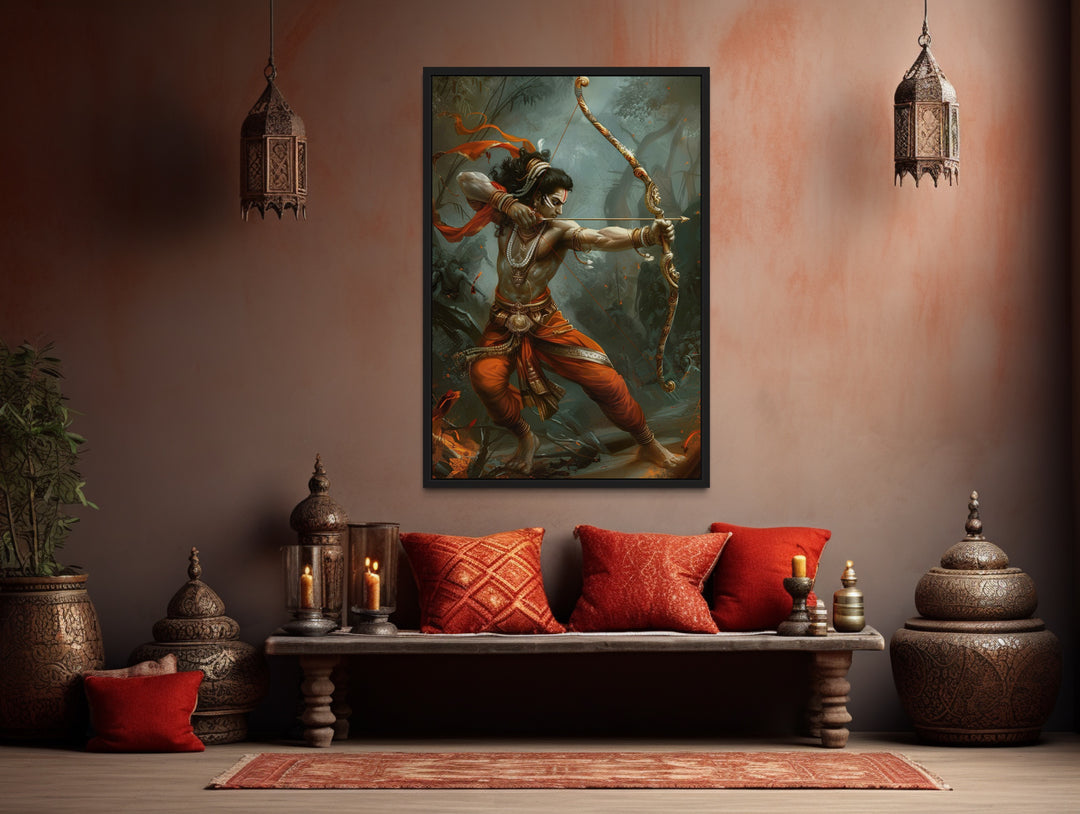 Lord Rama Fighting Demons With Bow And Arrow Framed Canvas Wall Art in Indian room