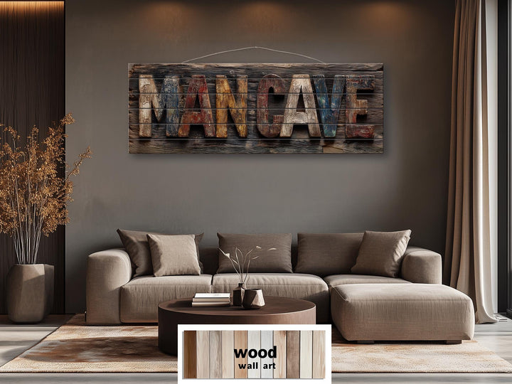 Man Cave Distressed Wood Sign Rustic Masculine Den Wall Art