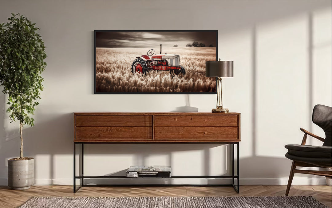 Red Tractor In The Wheat Field Rustic Farmhouse Wall Decor above table