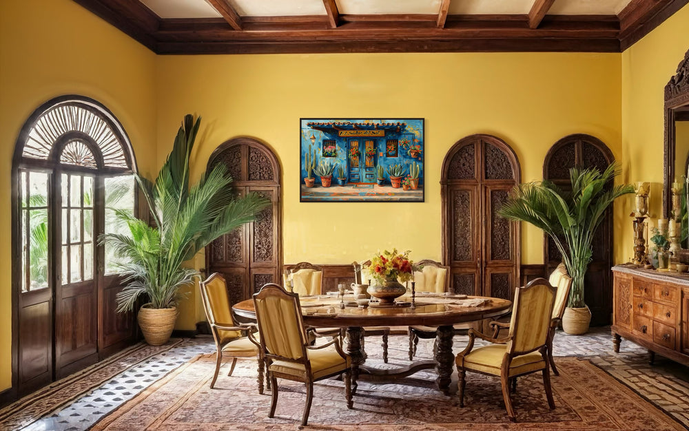 Mexican Restaurant Door Framed Canvas Wall Art For Dining Room in a dining room with a table and chairs