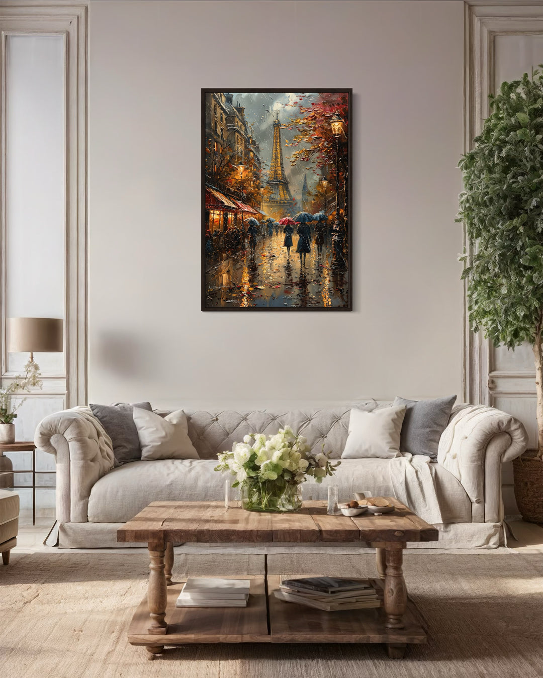 Romantic Paris Street In Rain With Eiffel Tower Framed Canvas Wall Art above couch