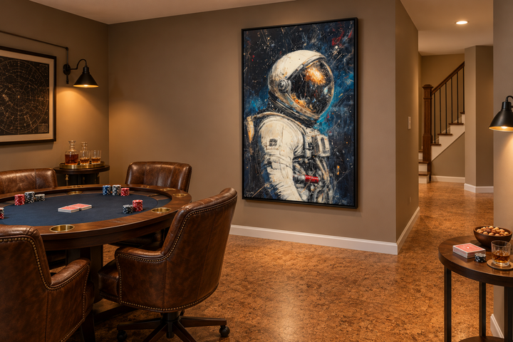 Astronaut Graffiti Framed Canvas Wall Art in a black frame hanging in a modern poker room.