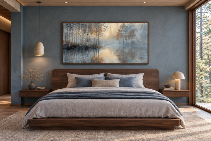 Birch Trees Wall Art in a walnut frame above a bed in a modern minimalist room.