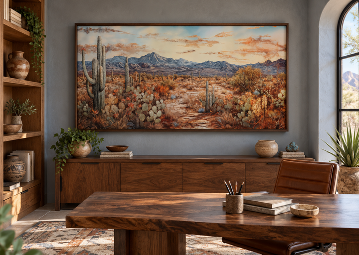 Southwestern desert landscape canvas print with cacti and mountains in a rustic walnut frame.