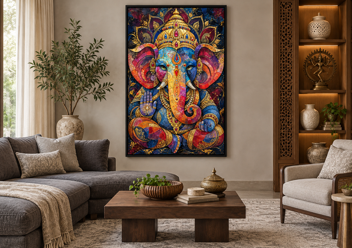 Colorful modern Lord Ganesha framed canvas wall art in a contemporary living room setting.