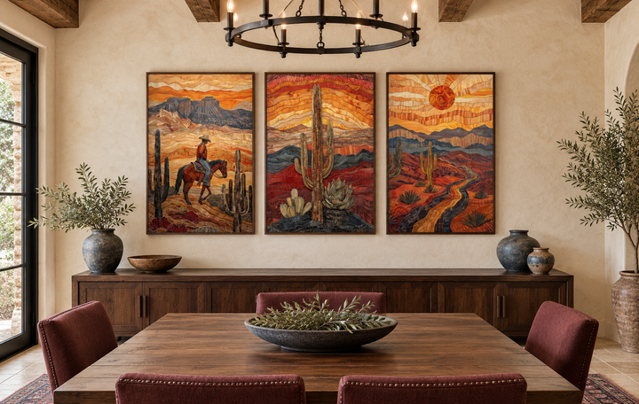3 piece southwestern canvas wall art set featuring a cowboy, saguaro cactus, and Arizona desert.