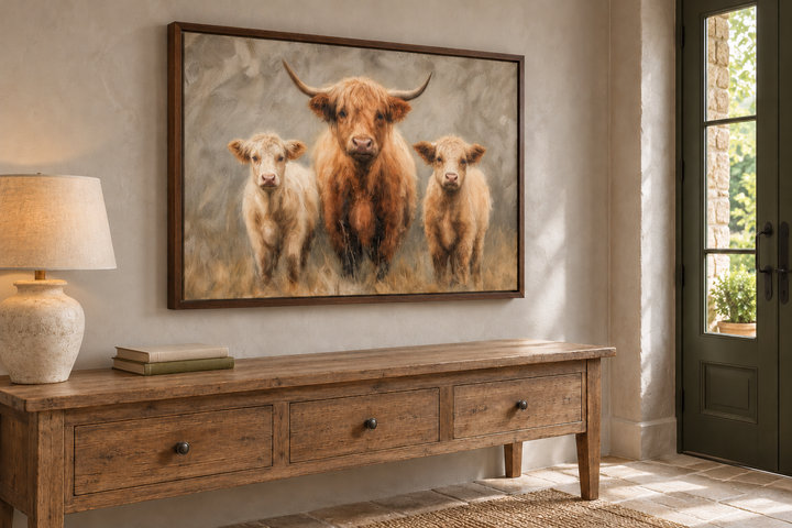 Highland Cow and Two Calves canvas wall art in a walnut frame above a rustic wooden console table.
