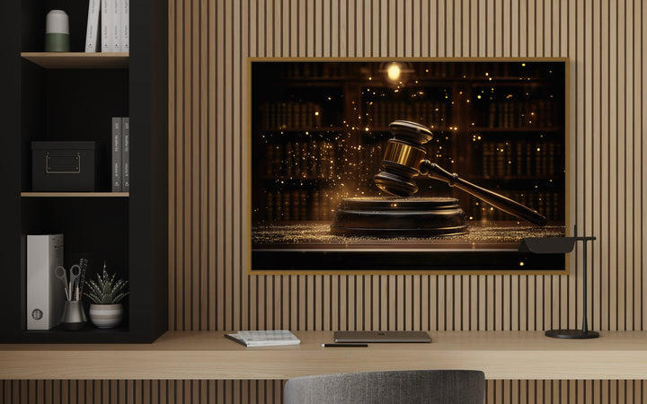 Golden Judge's Gavel Framed Canvas Wall Art in the office