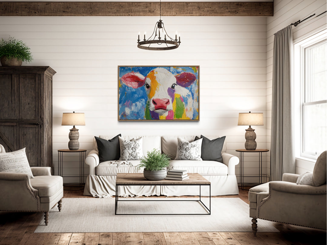 Colorful Farmhouse Cow Framed Canvas Wall Art in rustic room