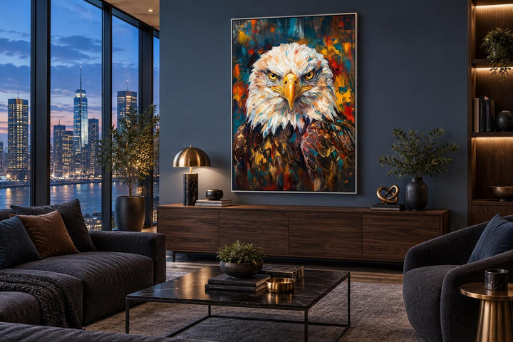 Bald eagle patriotic canvas wall art in a modern office with a city skyline view.