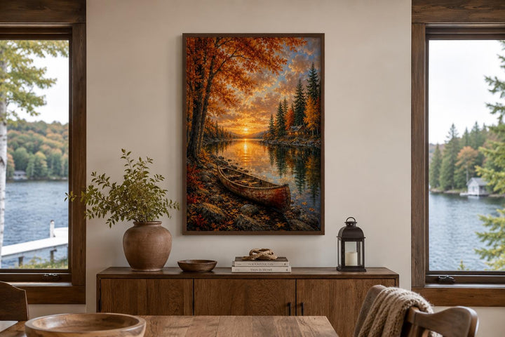 Canoe In Autumn Lake Wall Art - Fall Painting | Vertical Canvas Print, Rustic Cabin Decor