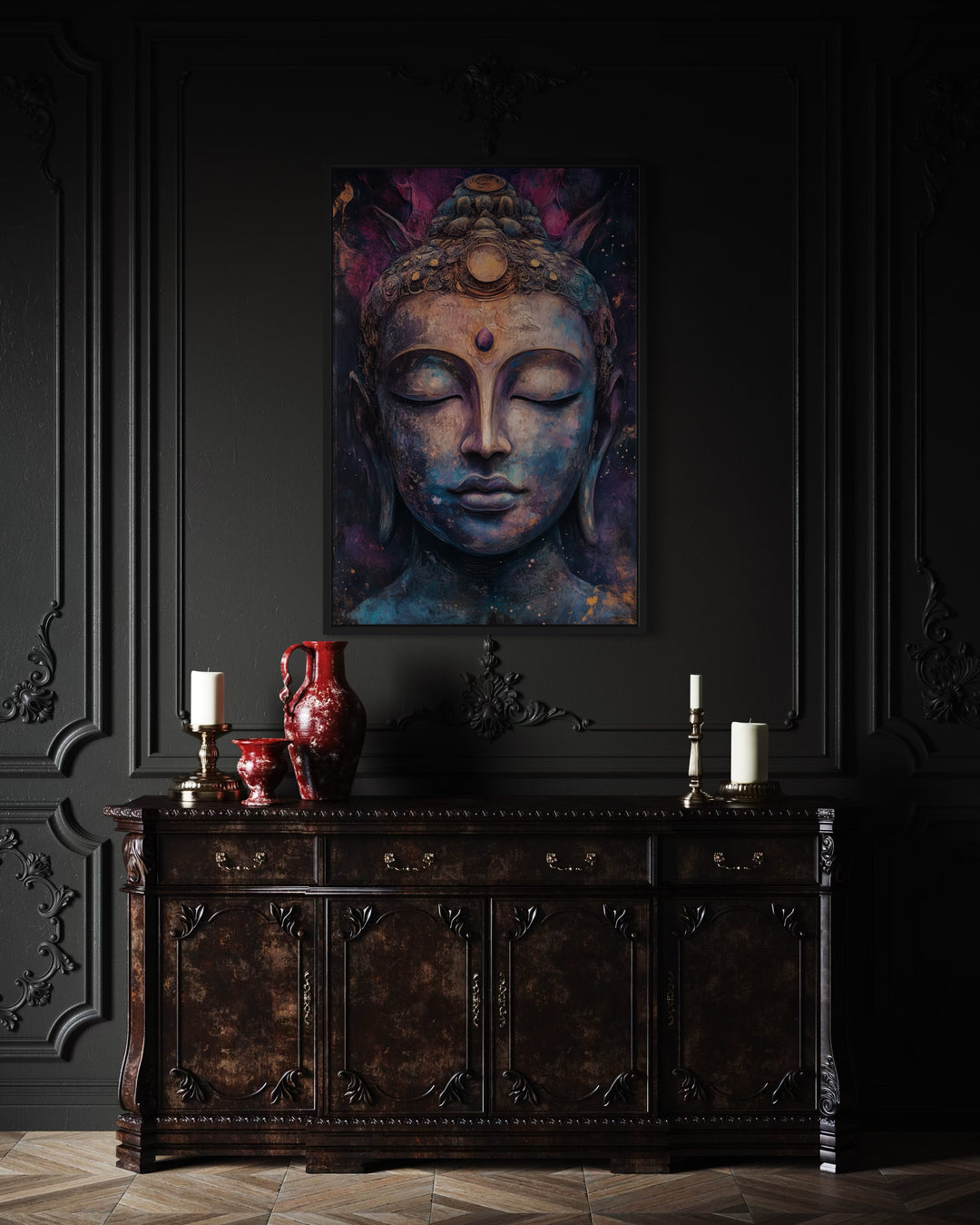 Purple Buddha Abstract Painting Framed Zen Wall Decor in a dark room