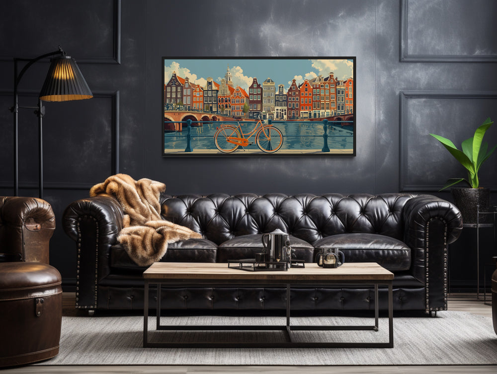 Amsterdam Canal And Bicycle Canvas Wall Art in living room