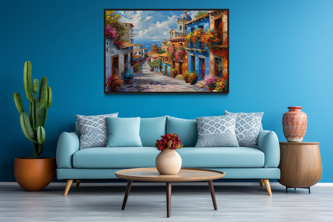 Colorful Mexican Village Street Framed Canvas Wall Art in blue room