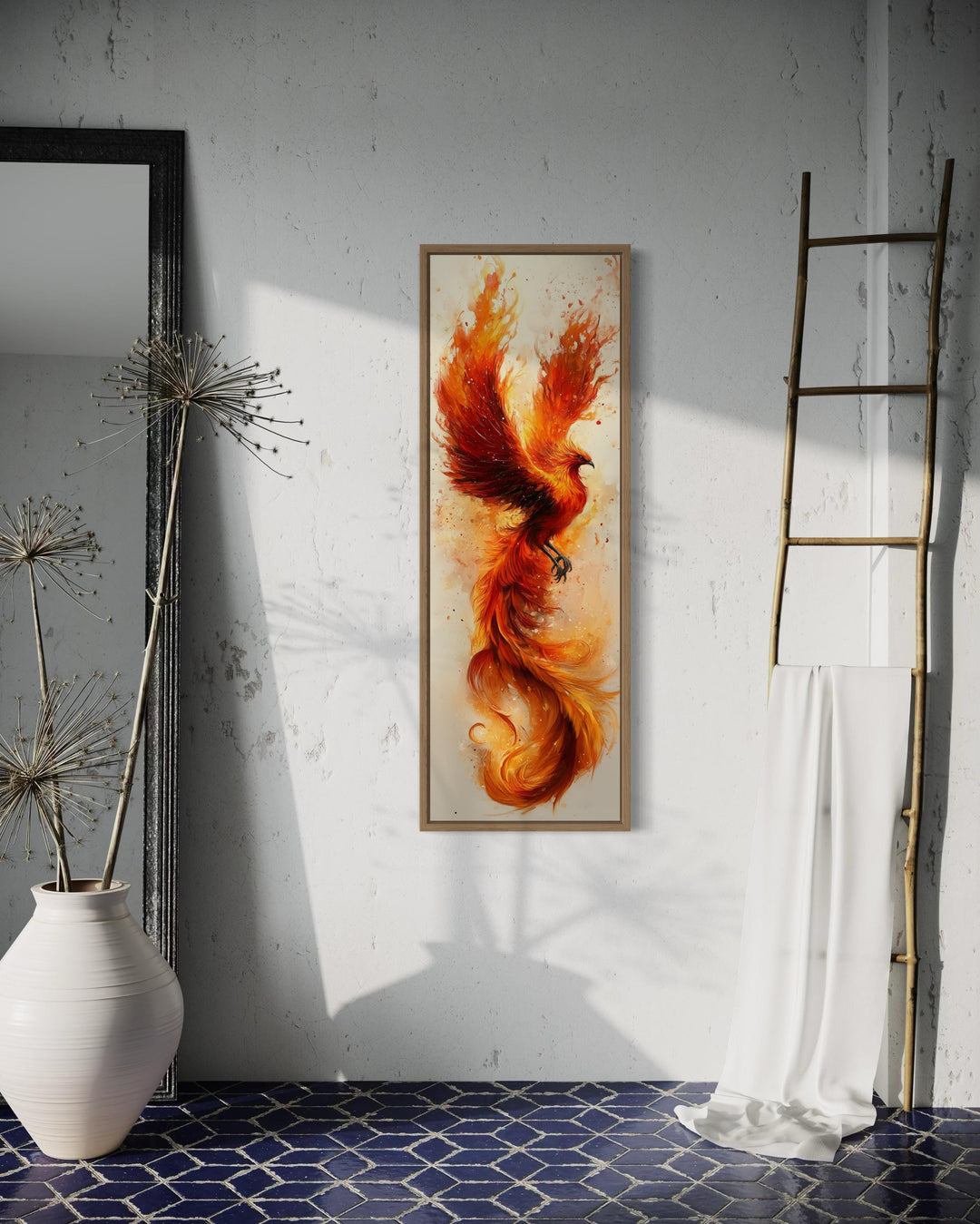 Tall Narrow Orange Beige Phoenix Framed Canvas Wall Art