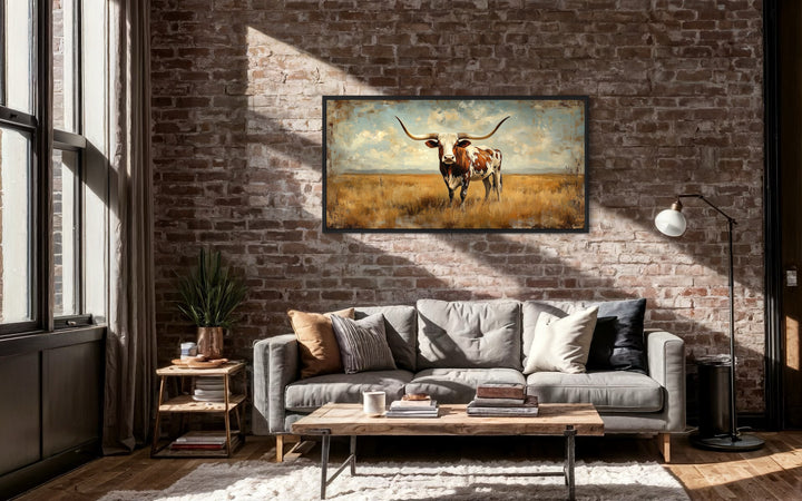 Longhorn in Open Prairie Rustic Farmhouse Canvas Wall Art on the brick wall