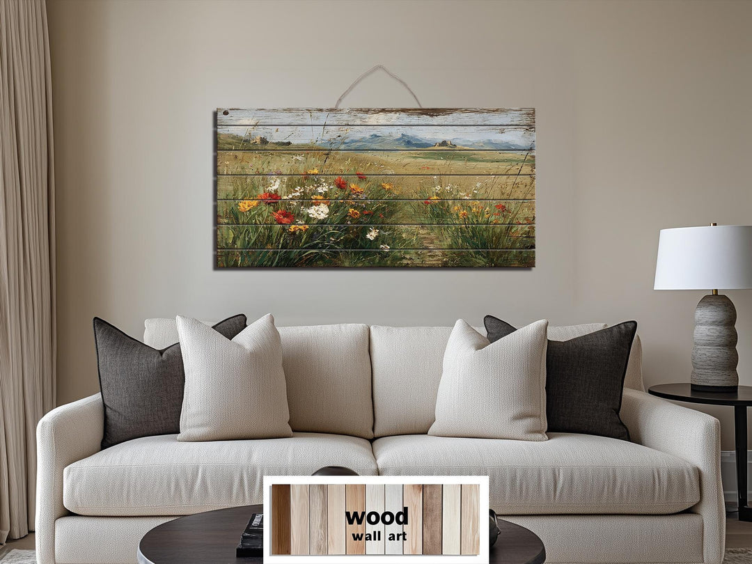 Rustic Wildflower Field Distressed Wood Wall Art