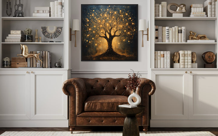 Enchanted Black Gold Tree With Magical Lights Framed Canvas Wall Art in the library