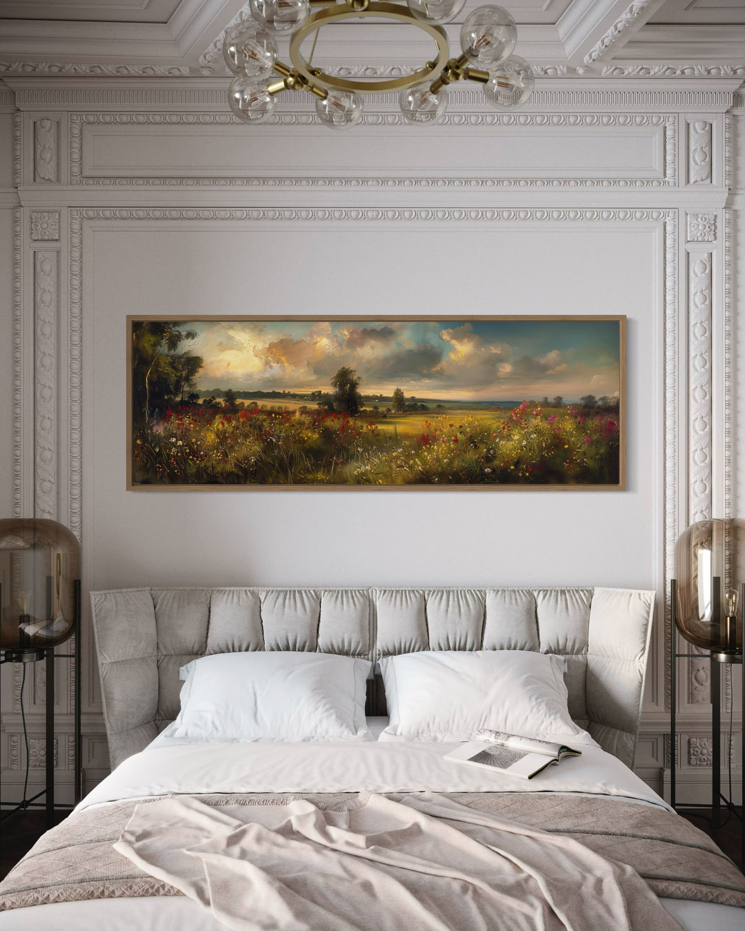 Vintage Wildflowers Field Landscape at Sunset Panoramic Canvas Wall Art above bed