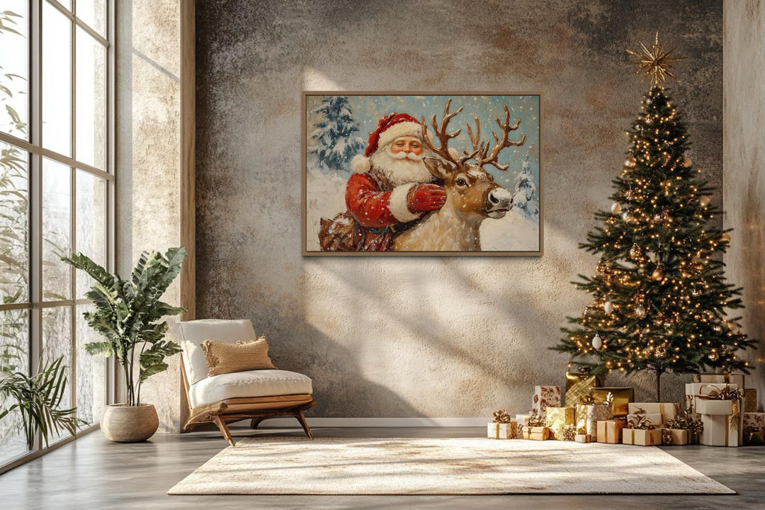 Santa Claus With Reindeer Christmas Canvas Wall Art