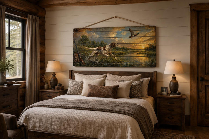 Hunting dog chasing a duck at sunset on distressed wood wall art above a bed in a rustic cabin.
