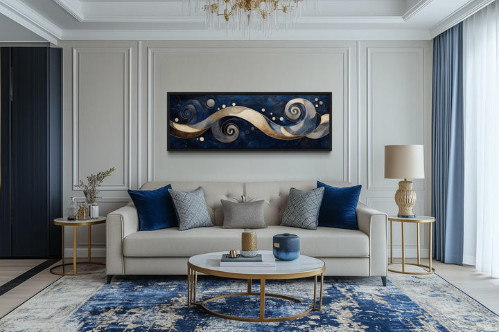 Navy and Gold Abstract Swirl Canvas Art - Elegant Galaxy-Inspired Horizontal Print for Modern Living Room Decor