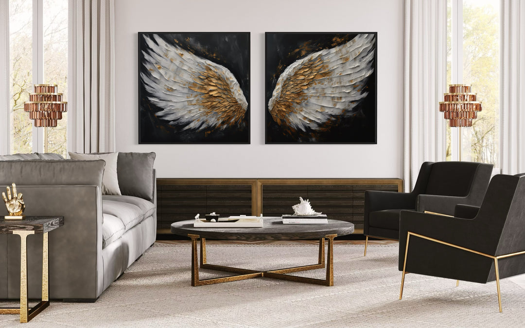 2 Piece White Gold Angel Wings On Black Background Framed Canvas Wall Art a living room filled with furniture