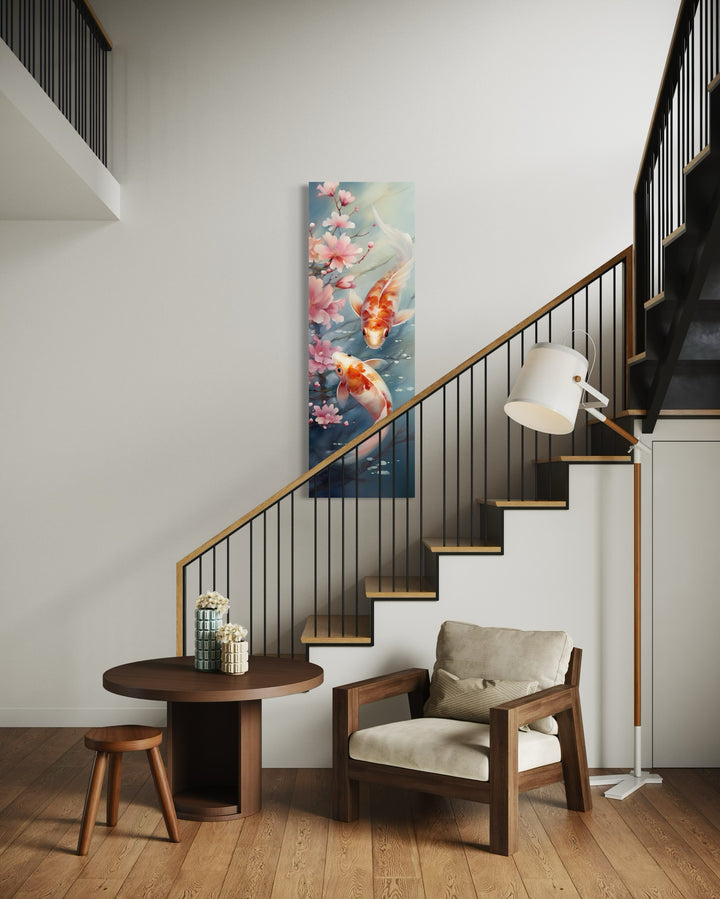 Tall Narrow Zen Koi Fish Vertical Framed Canvas Wall Art in a room with a stair case