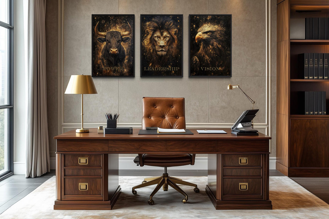 Leadership Wall Art – Motivational Lion Bull Eagle Office Canvas Set for Executive Workspace