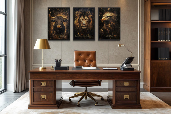 Leadership Wall Art – Motivational Lion Bull Eagle Office Canvas Set for Executive Workspace