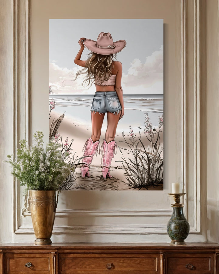 Coastal Cowgirl In Pink Boots And Hat On The Beach Framed Canvas Wall Art close up