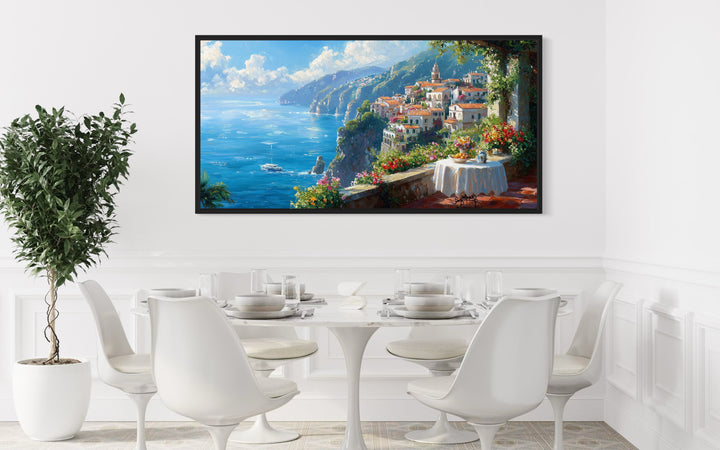 Amalfi Coast Window View Framed Canvas Wall Art in dining room