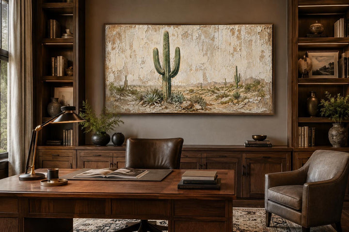 Minimalist saguaro cactus canvas wall art with a weathered wood background in a home office.