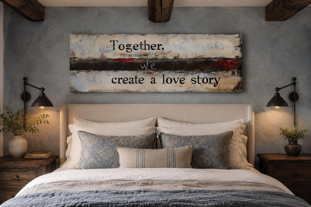 Above bed wall art canvas with romantic quote "Together, we create a love story" in a rustic bedroom.