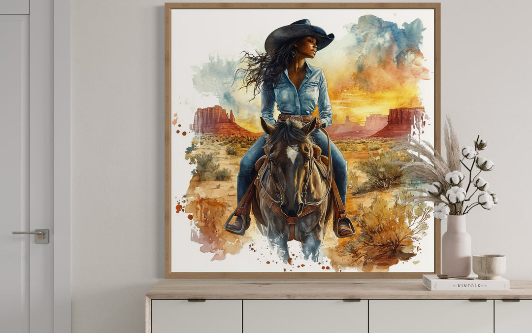 African American Cowgirl Riding A Horse Framed Canvas Wall close up