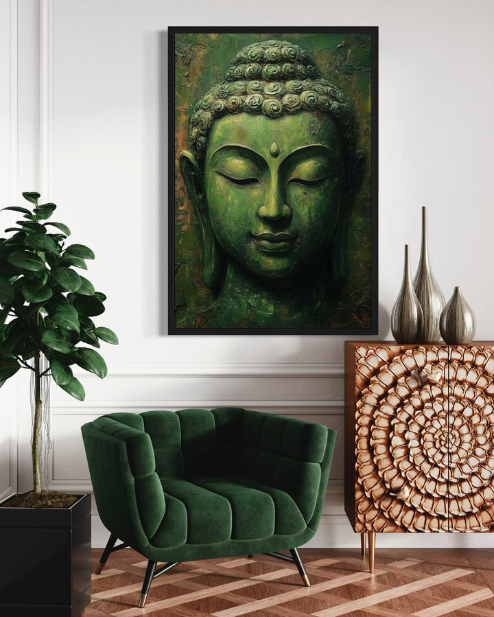 Large Green Buddha Statue Framed Canvas Wall Art in room with green chair