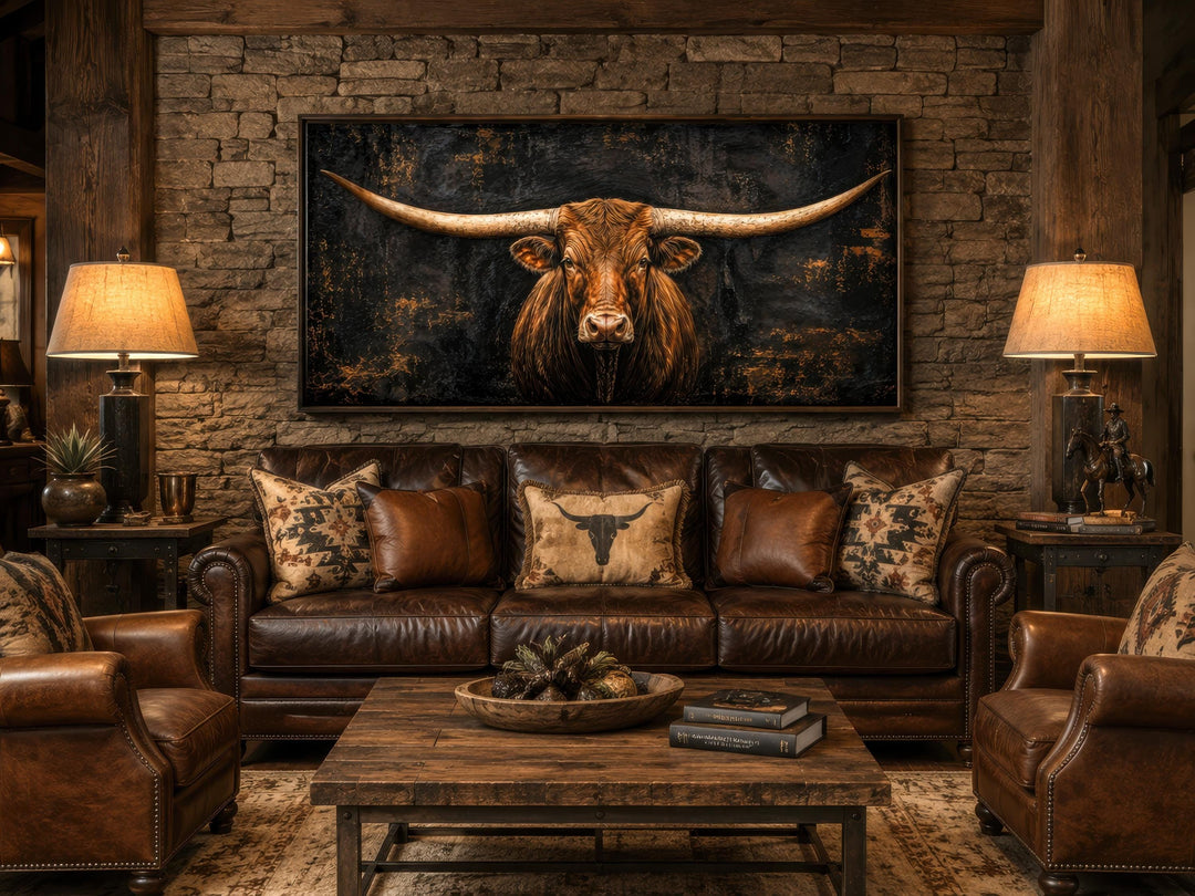 Texas Longhorn wall art in a rustic living room with leather furniture and a stone wall.