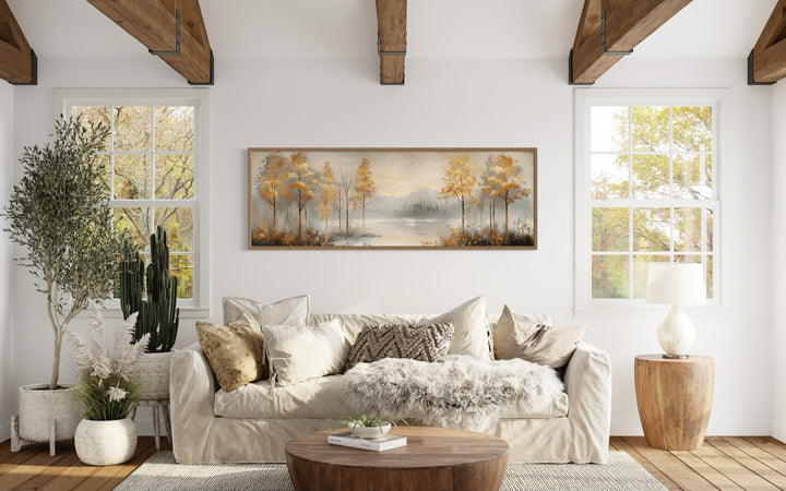 Golden Autumn Forest Panoramic Canvas Wall Art above beige couch