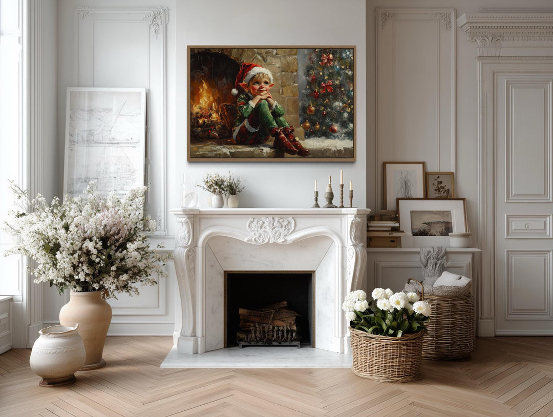 Vintage Christmas Elf by Fireplace Canvas Wall Art