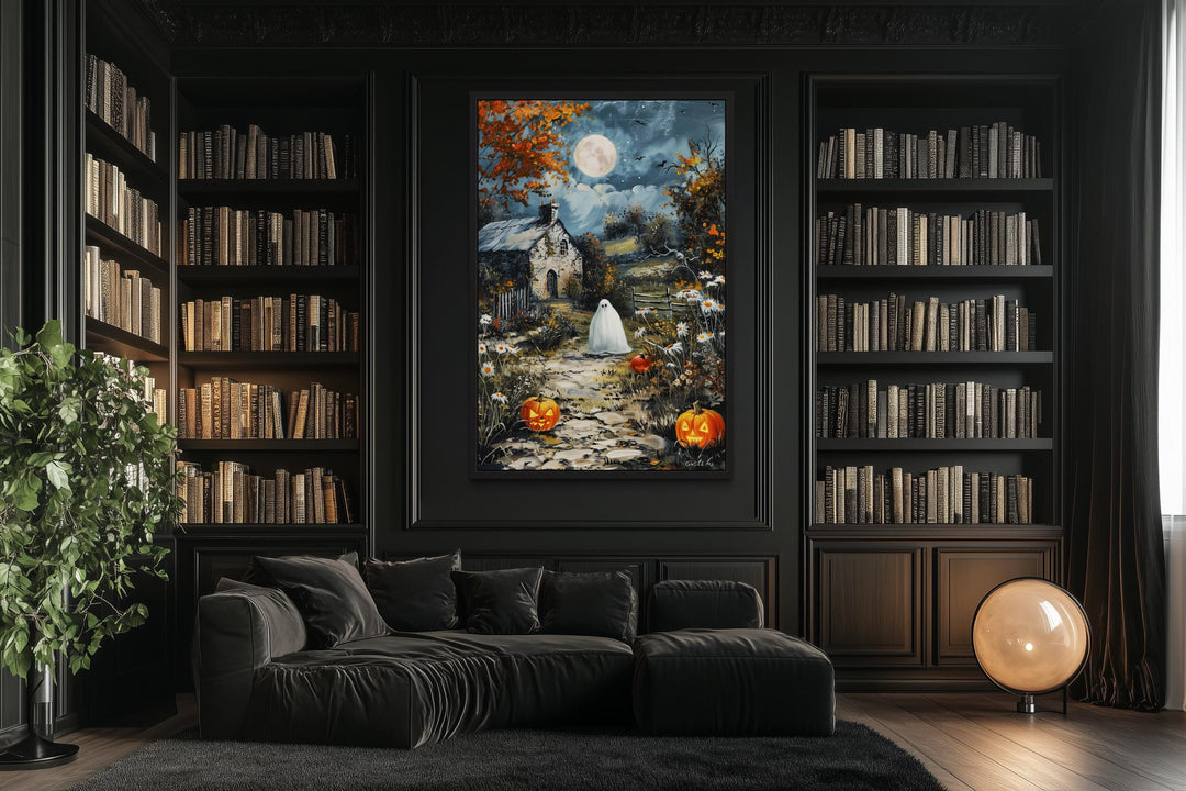 Spooky Ghost Decor with Full Moon And Pumpkin Path Halloween Canvas Wall Art