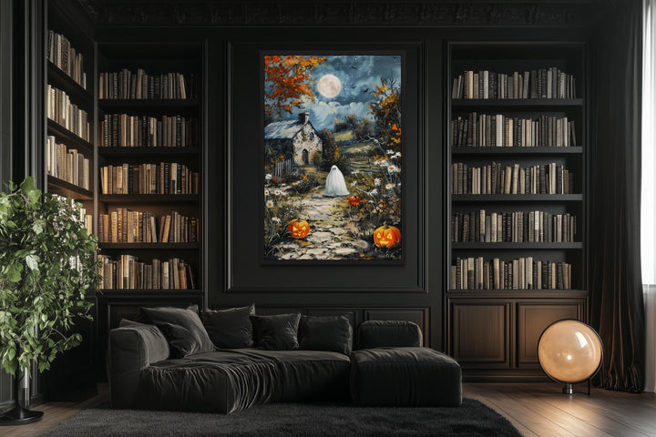Spooky Ghost Decor with Full Moon And Pumpkin Path Halloween Canvas Wall Art