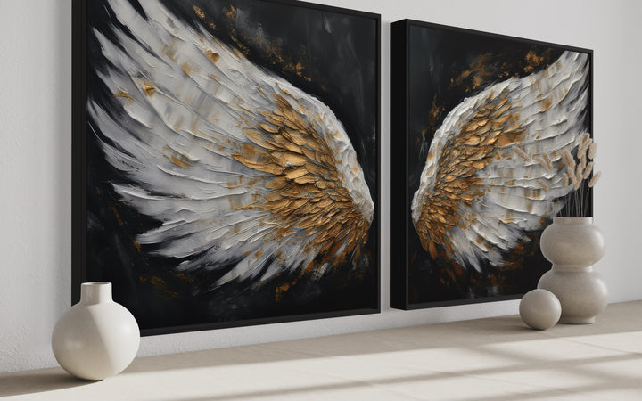 2 Piece White Gold Angel Wings On Black Background Framed Canvas Wall Art side view