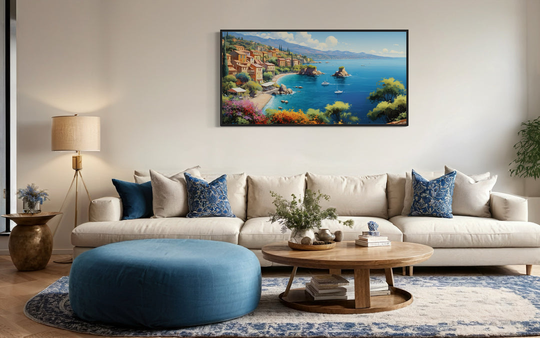 French Riviera Coastal Framed Canvas Wall Art in living room