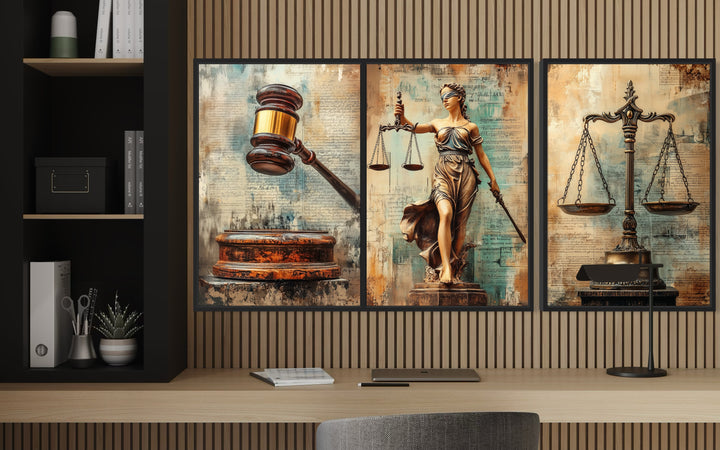 Justice and Law Wall Art Set Of 3 – Scales of Justice, Gavel, and Lady Justice Canvas Prints above desk