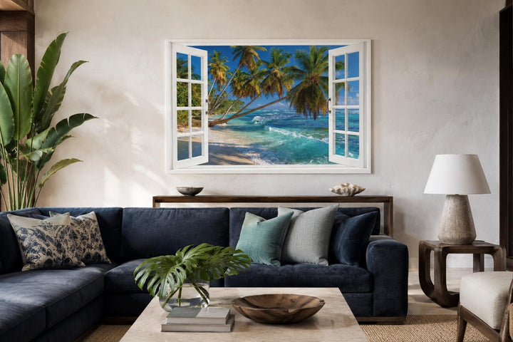 Window view canvas wall art of a tropical beach with palm trees and turquoise water in a living room